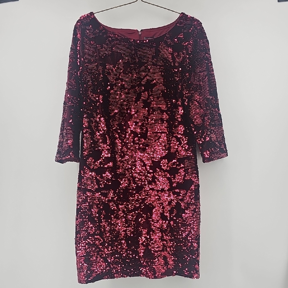 Vince Camuto Size 14 Burgundy Sequin Velvet Shift Dress Cocktail Holiday